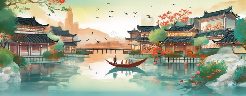 绿色水墨画小桥流水房屋中国风插画,插画/手绘图,插画/手绘图库,插画/手绘图下载,插画/手绘